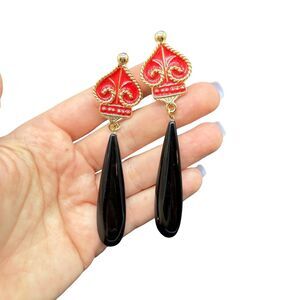 Pakula Clip On Earrings Red Enamel Spade Gold Tone Black Drop Statement Earrings